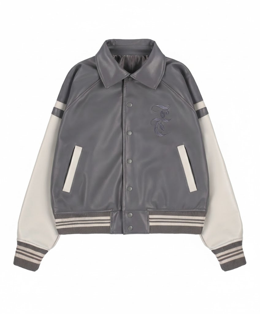 grey body and white sleeves leather varsity womens jacket