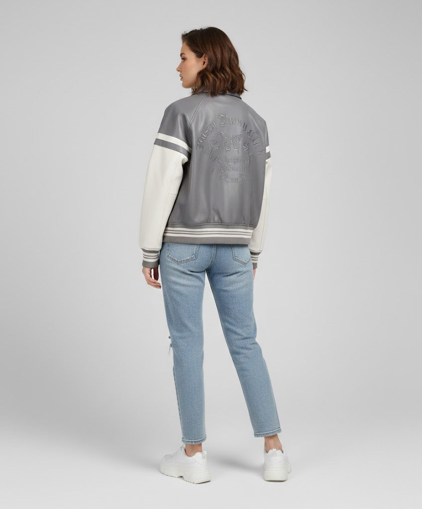 grey body and white sleeves leather varsity womens jacket