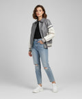 grey body and white sleeves leather varsity womens jacket