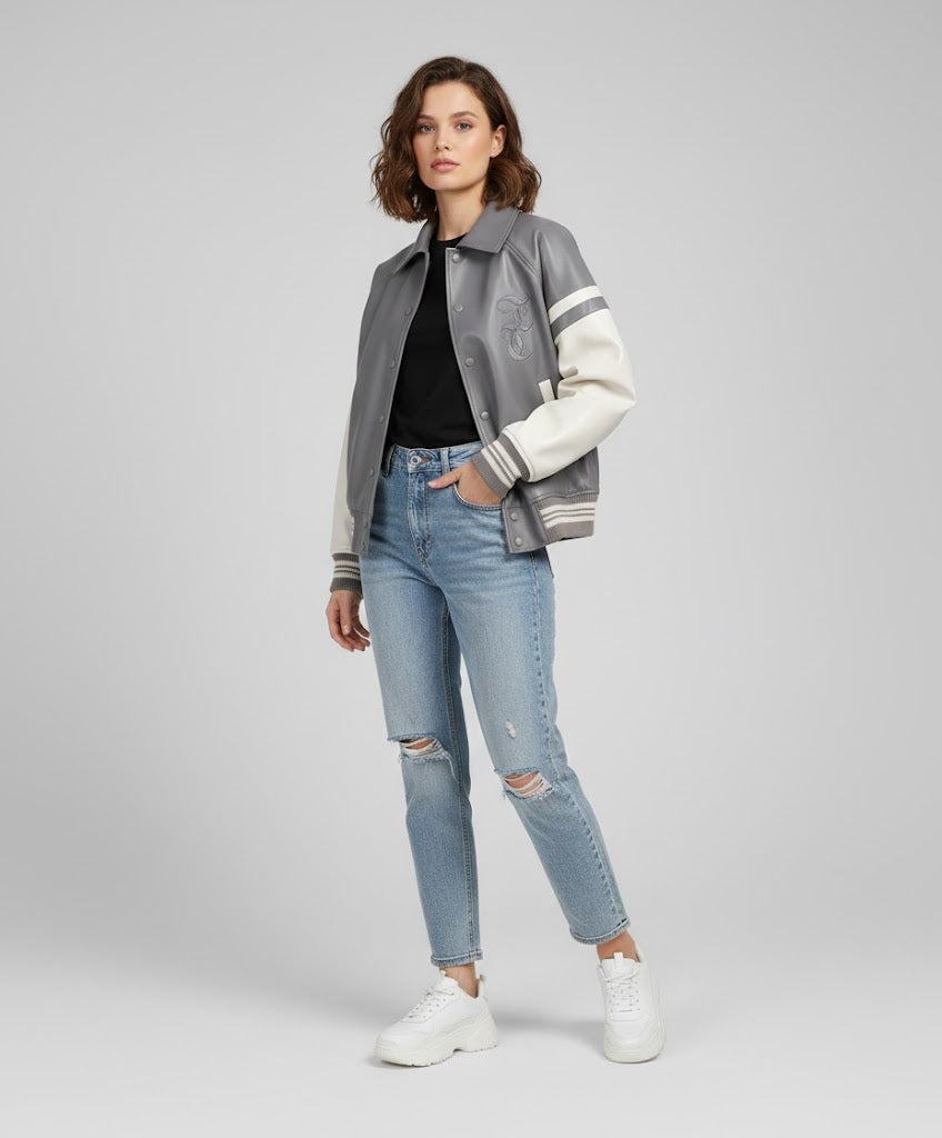 grey body and white sleeves leather varsity womens jacket