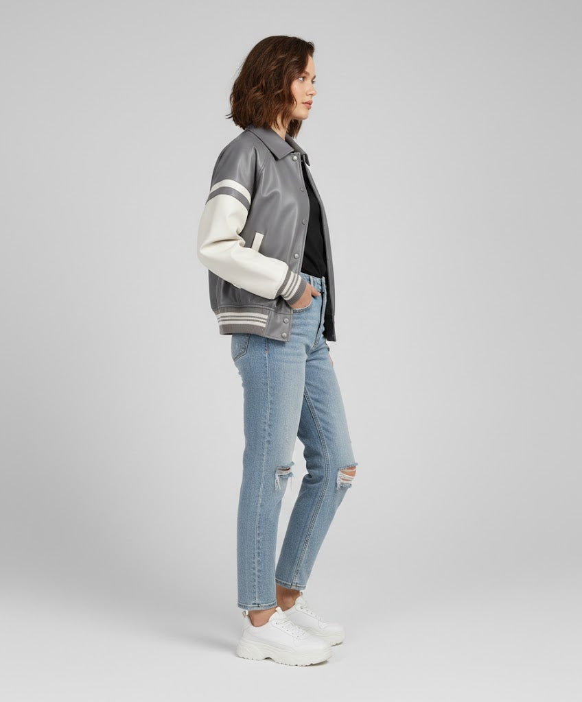 grey body and white sleeves leather varsity womens jacket