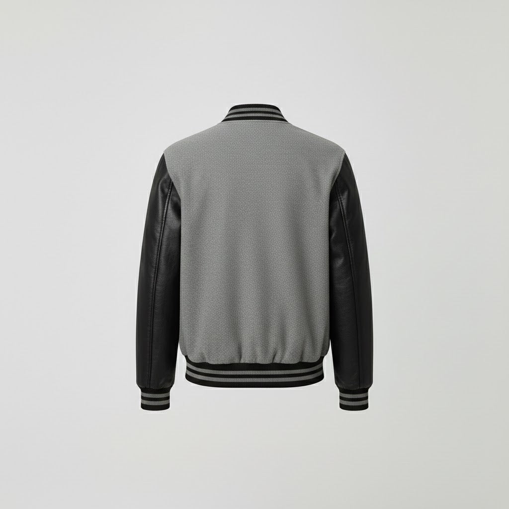 grey body with black leather sleeves womens  varsity jacket
