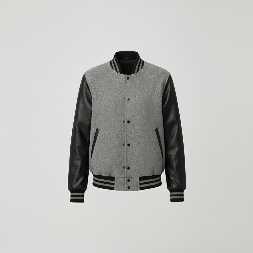 grey body with black leather sleeves womens  varsity jacket