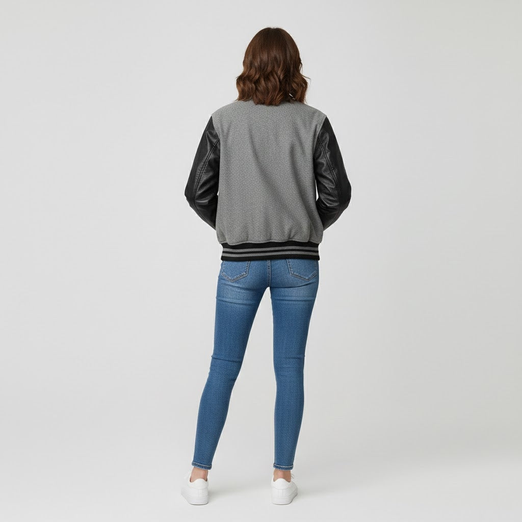 grey body with black leather sleeves womens  varsity jacket