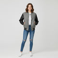 grey body with black leather sleeves womens  varsity jacket