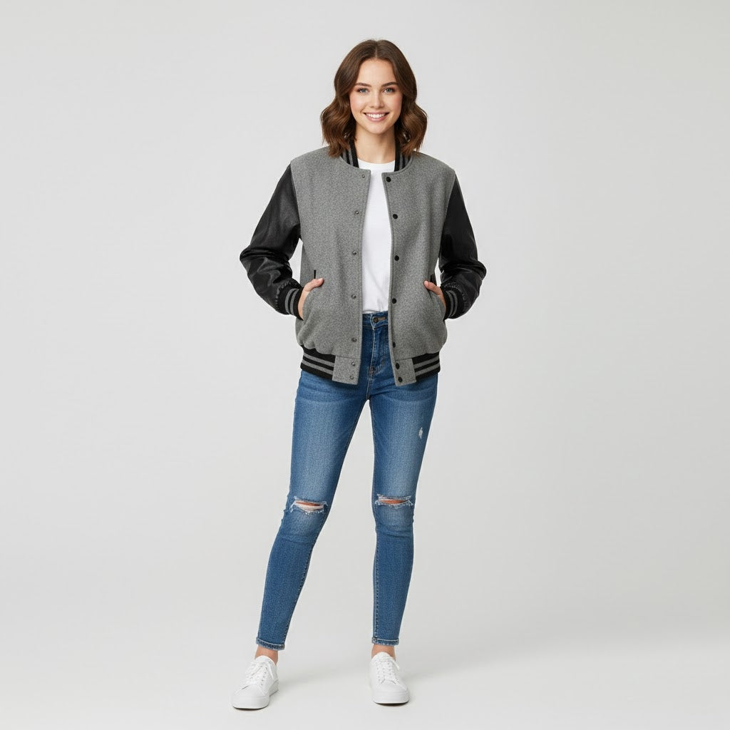 grey body with black leather sleeves womens  varsity jacket