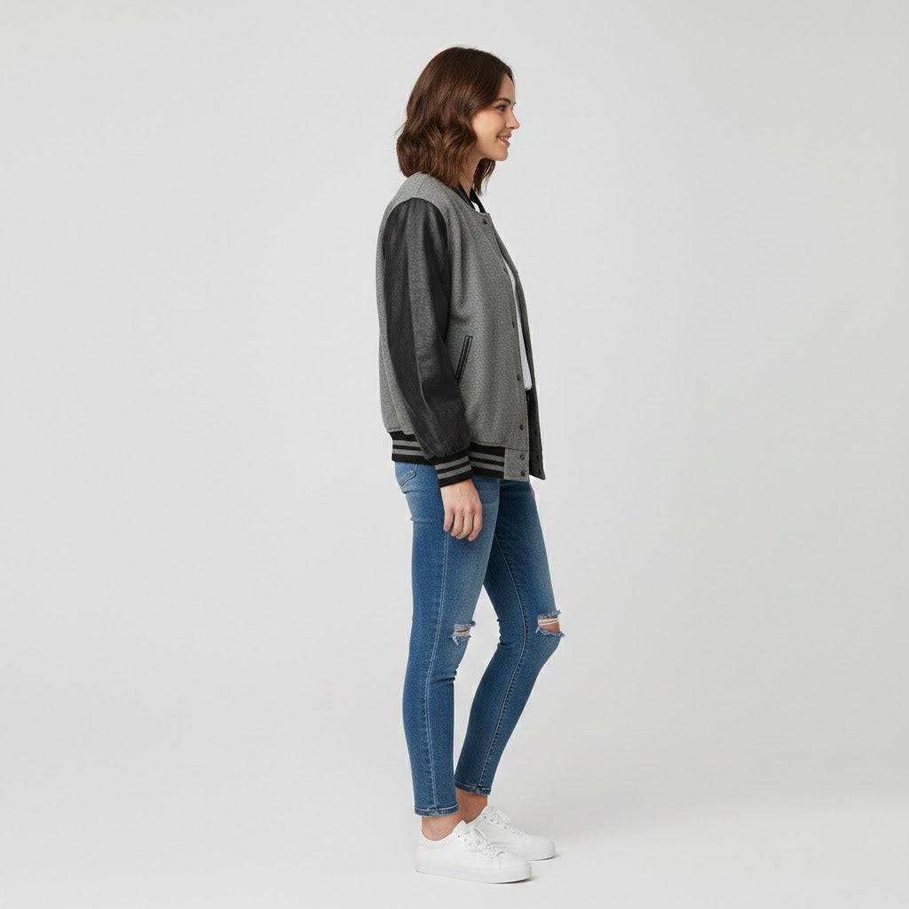 grey body with black leather sleeves womens  varsity jacket