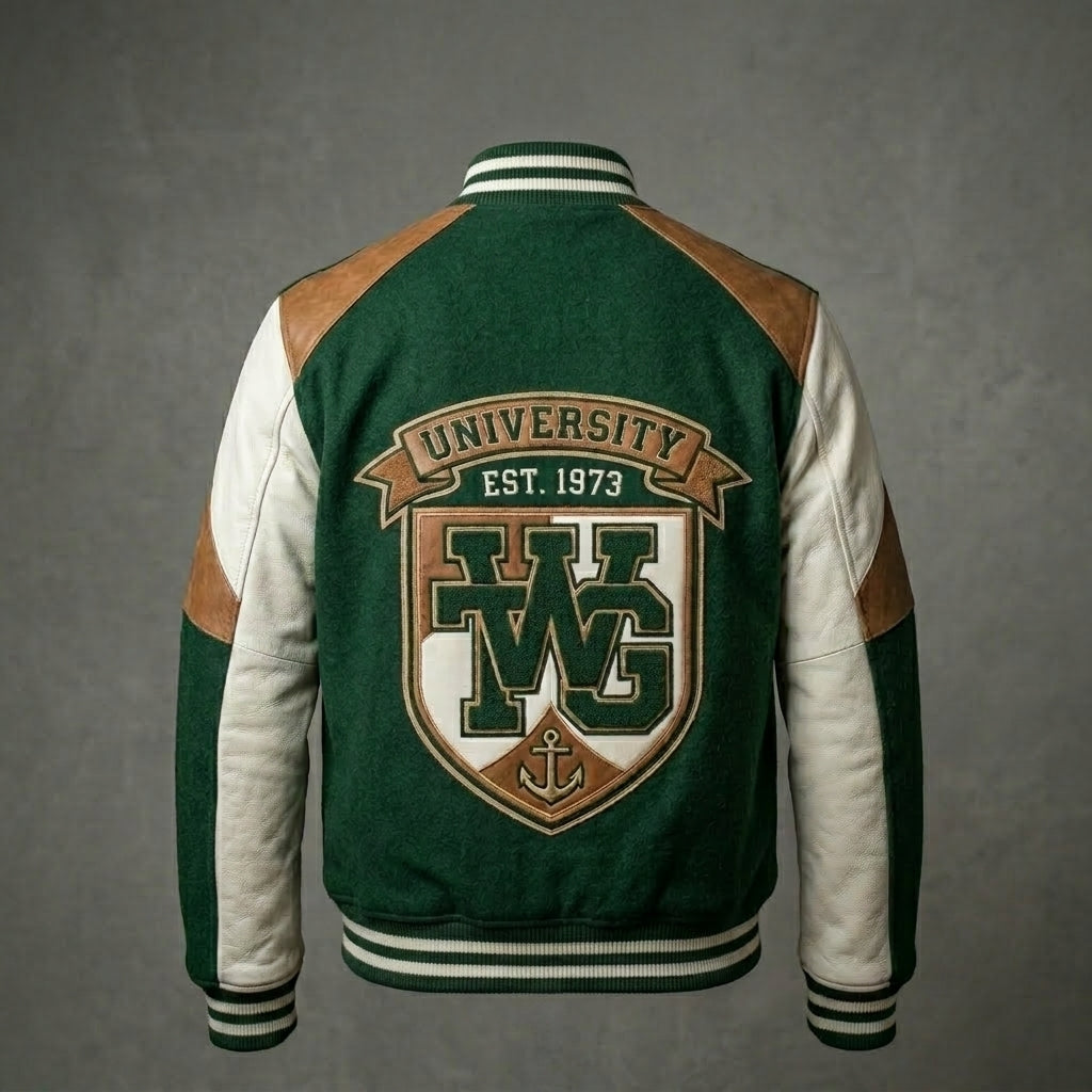 Men’s Lightweight Varsity Bomber Jacket – Green & White Casual Streetwear