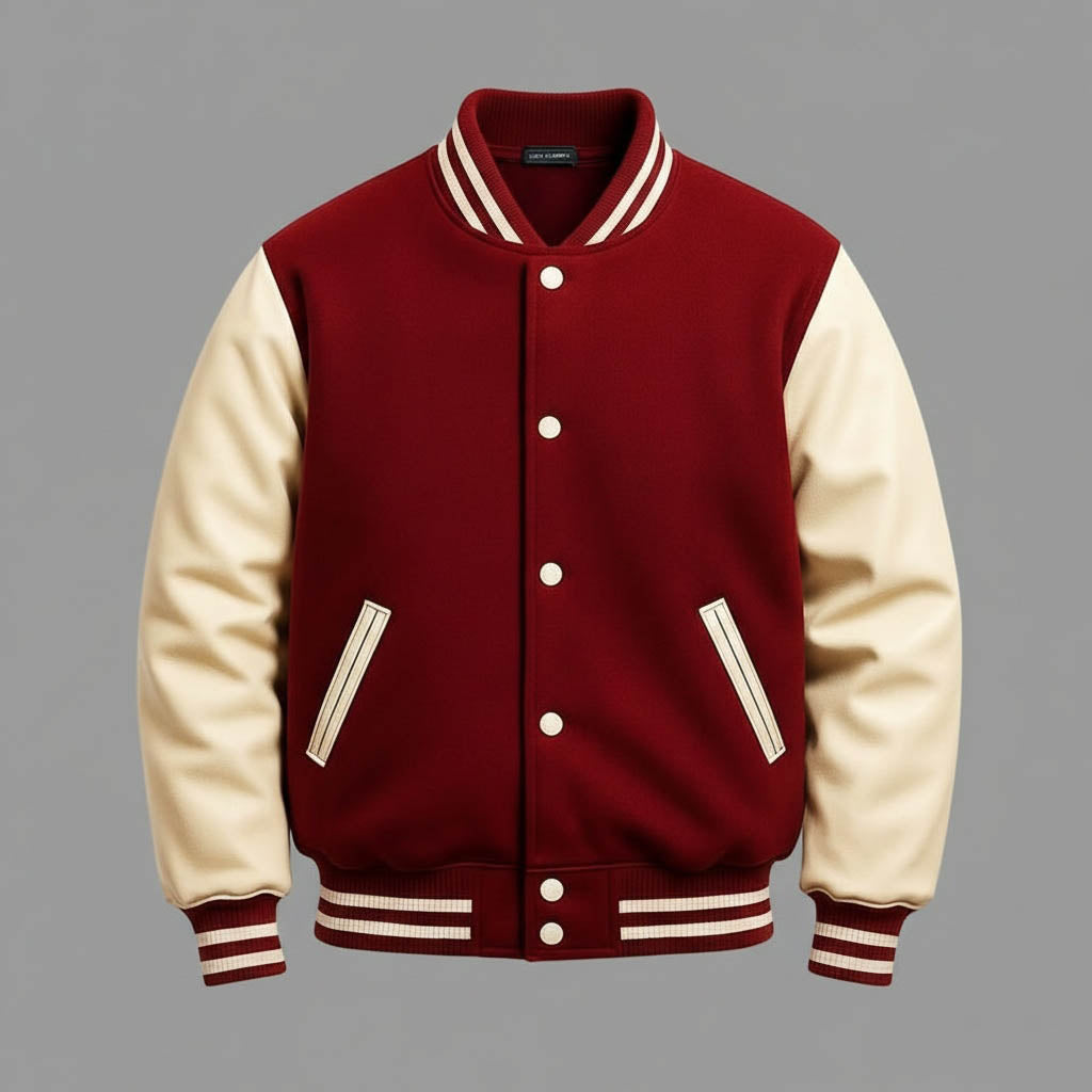 Men’s Maroon & White Leather Sleeve Varsity Jacket