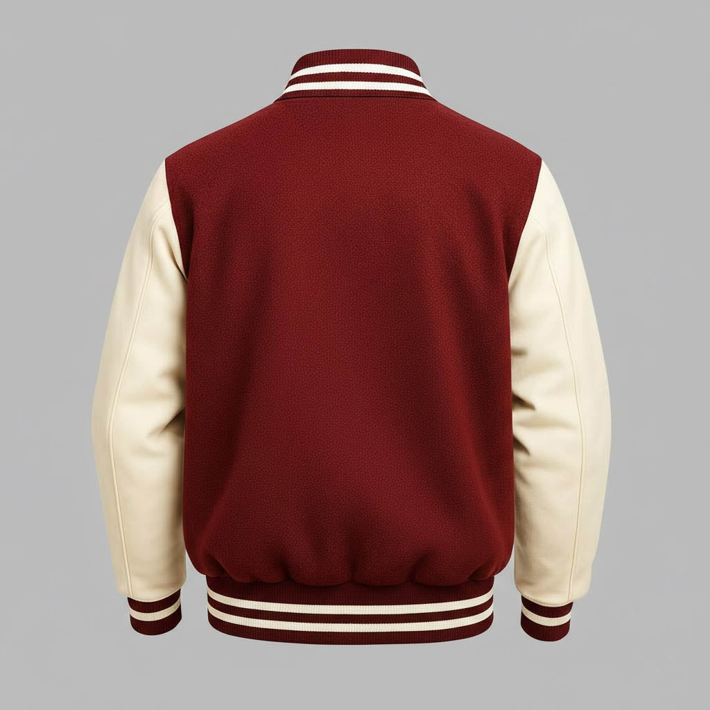 Men’s Maroon & White Leather Sleeve Varsity Jacket