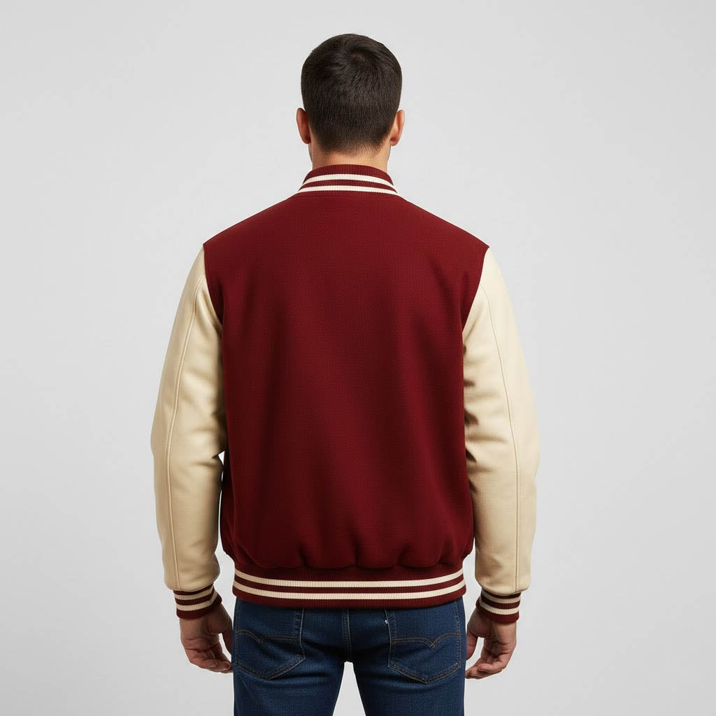Men’s Maroon & White Leather Sleeve Varsity Jacket