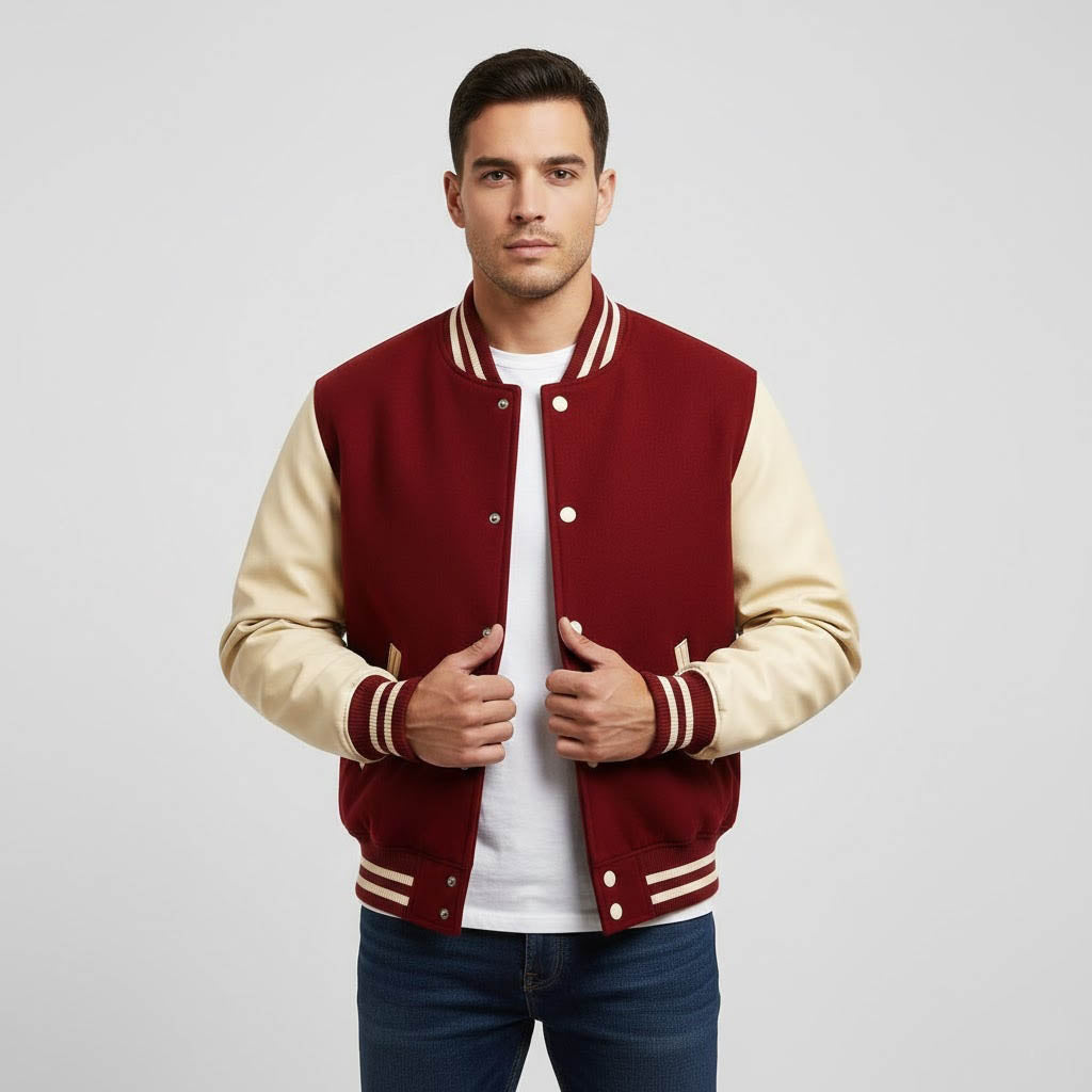 Men’s Maroon & White Leather Sleeve Varsity Jacket