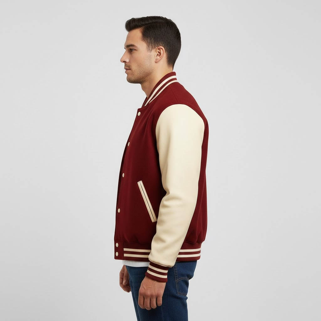 Men’s Maroon & White Leather Sleeve Varsity Jacket