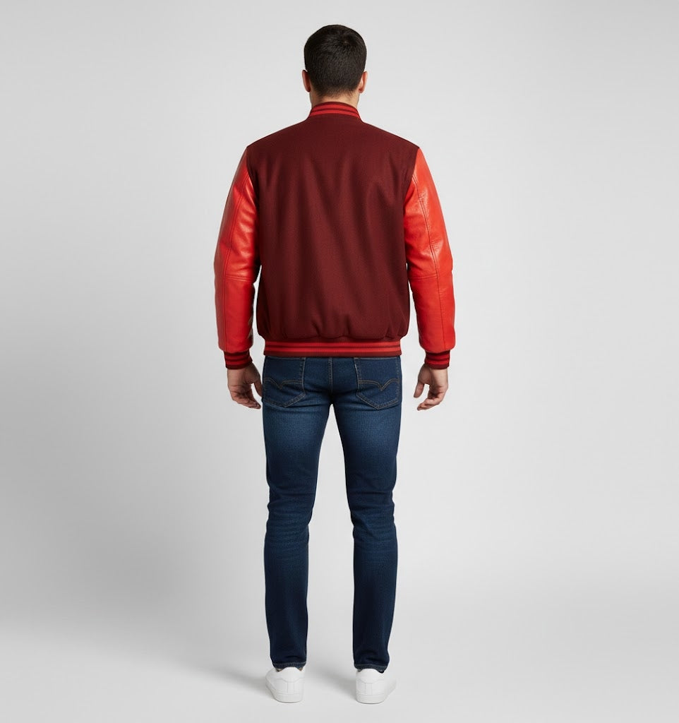 maroon body red leather sleeves varsity jacket men