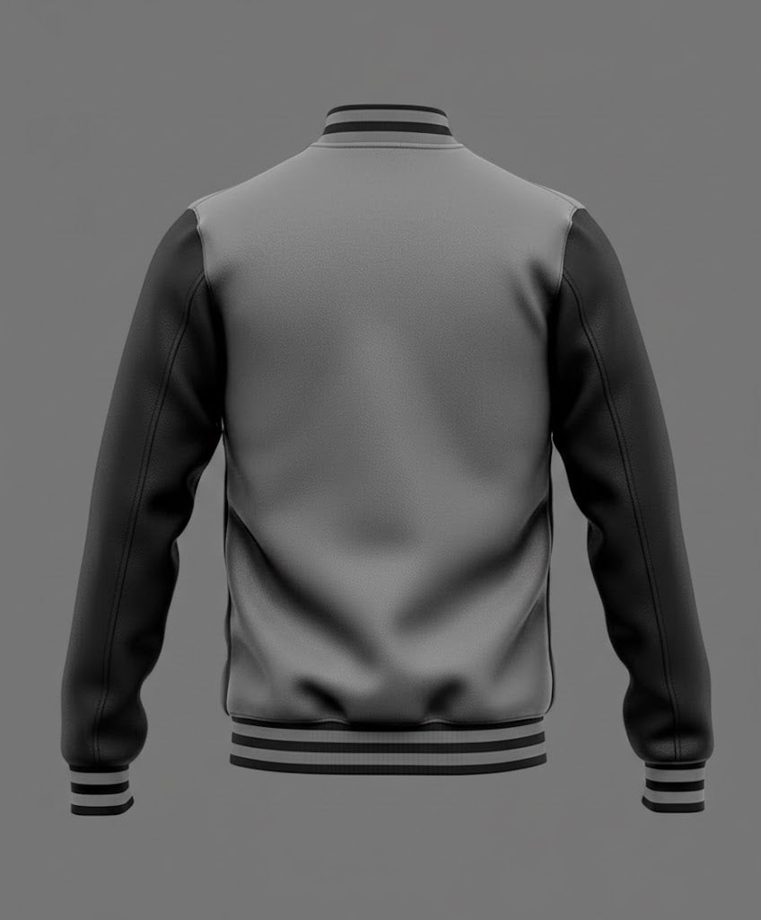 grey body black leather sleeves varsity jacket men