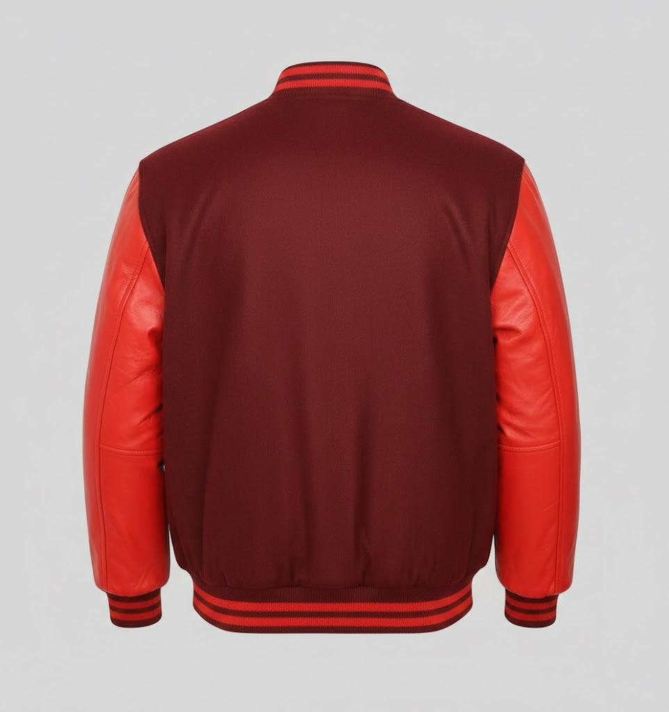maroon body red leather sleeves varsity jacket men