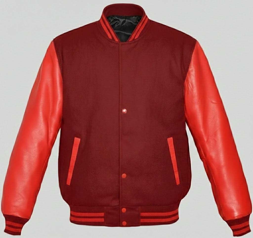 maroon body red leather sleeves varsity jacket men