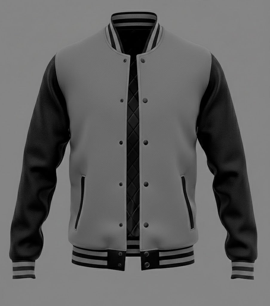 grey body black leather sleeves varsity jacket men