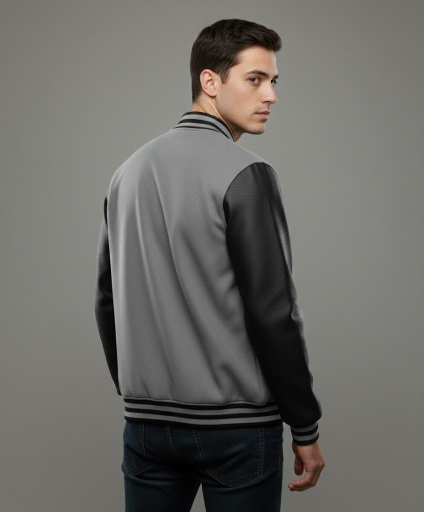 grey body black leather sleeves varsity jacket men