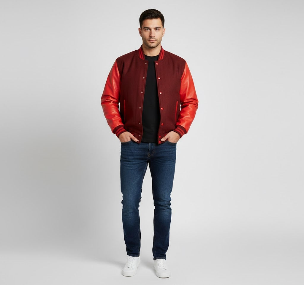 maroon body red leather sleeves varsity jacket men
