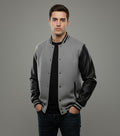 grey body black leather sleeves varsity jacket men