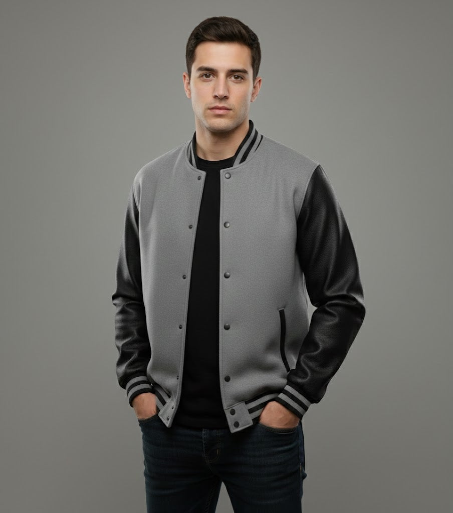 grey body black leather sleeves varsity jacket men
