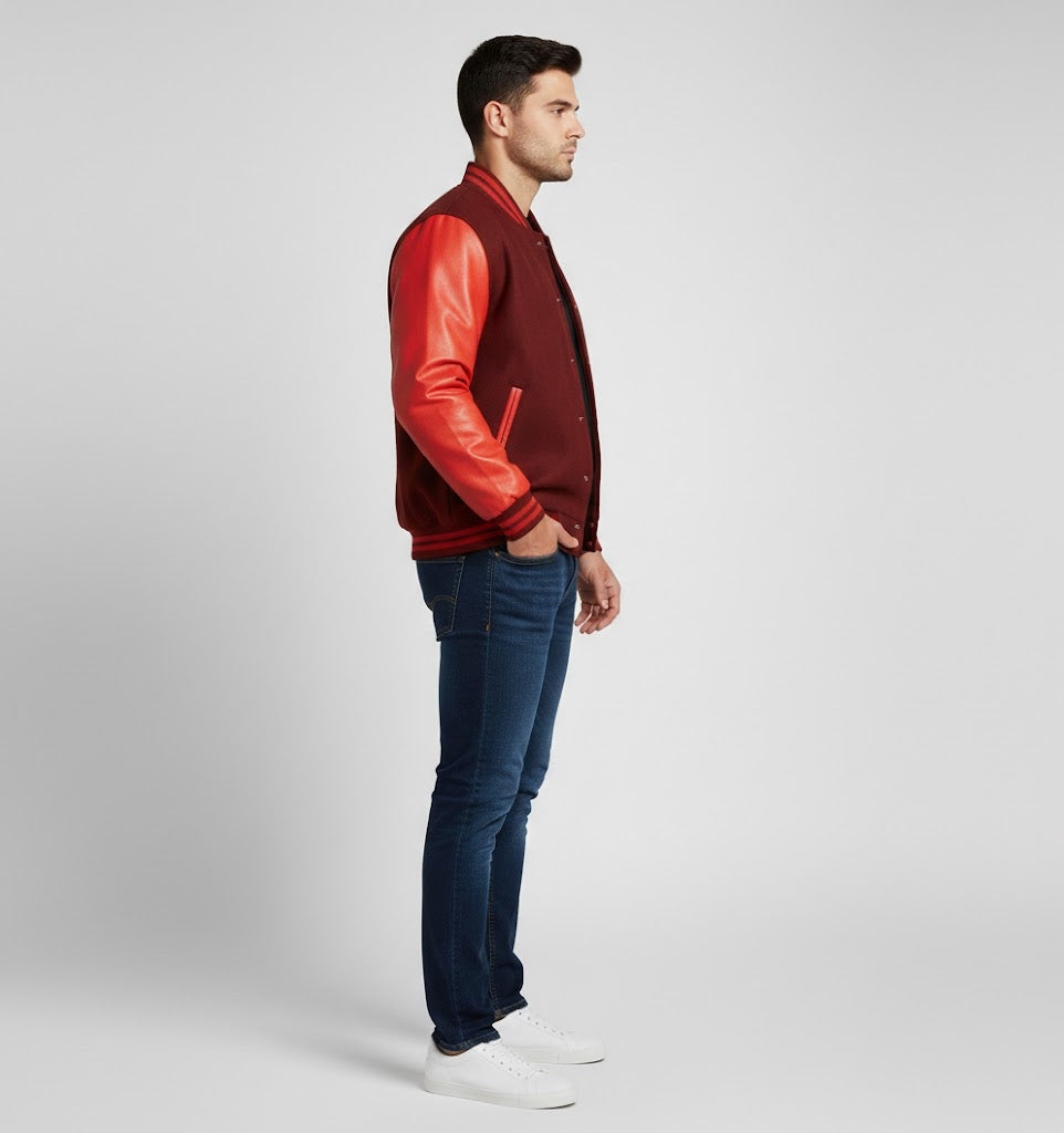 maroon body red leather sleeves varsity jacket men