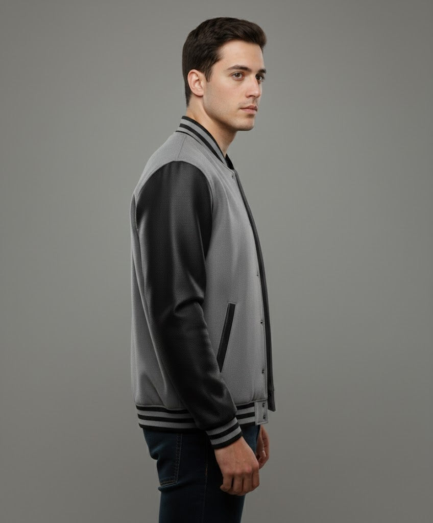 grey body black leather sleeves varsity jacket men