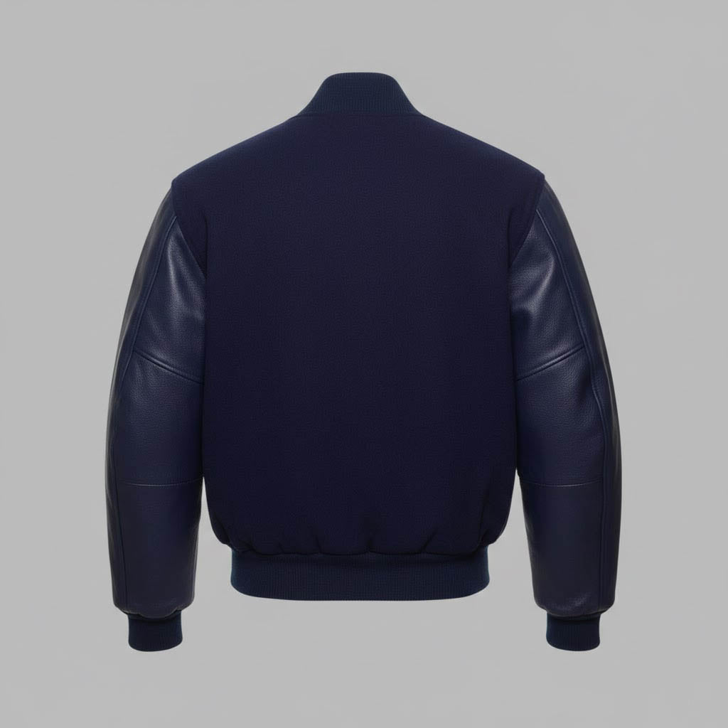 navy blue body dark blue leather sleeves varsity jacket men