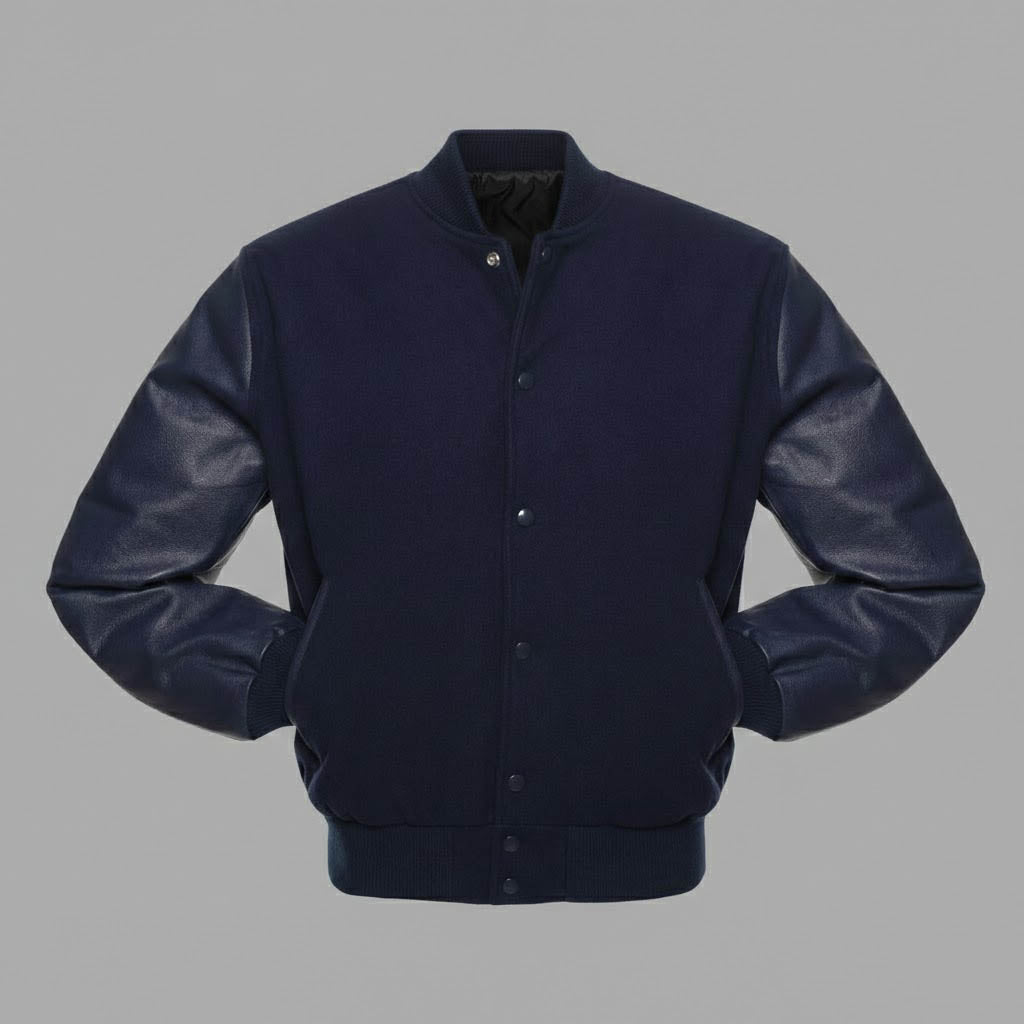 navy blue body dark blue leather sleeves varsity jacket men
