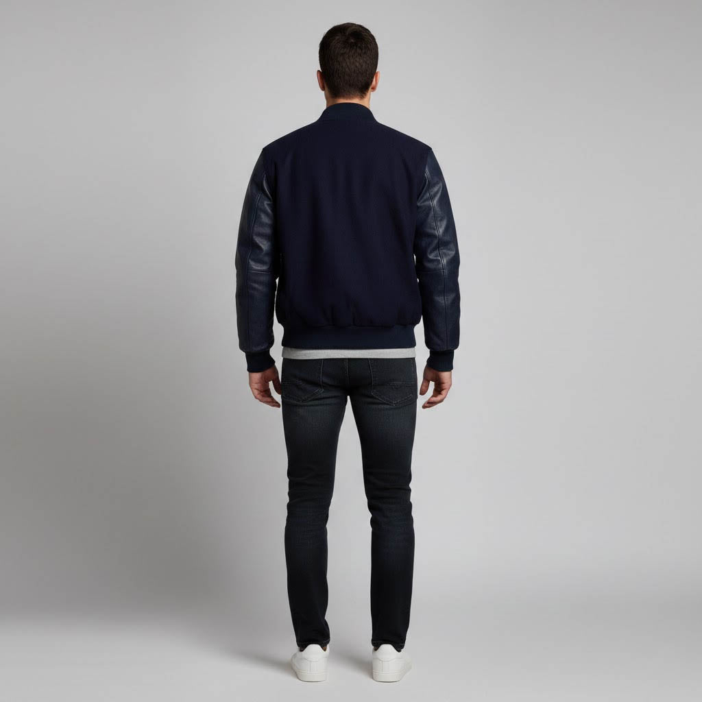 navy blue body dark blue leather sleeves varsity jacket men