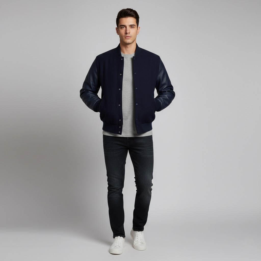 navy blue body dark blue leather sleeves varsity jacket men
