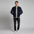 navy blue body dark blue leather sleeves varsity jacket men
