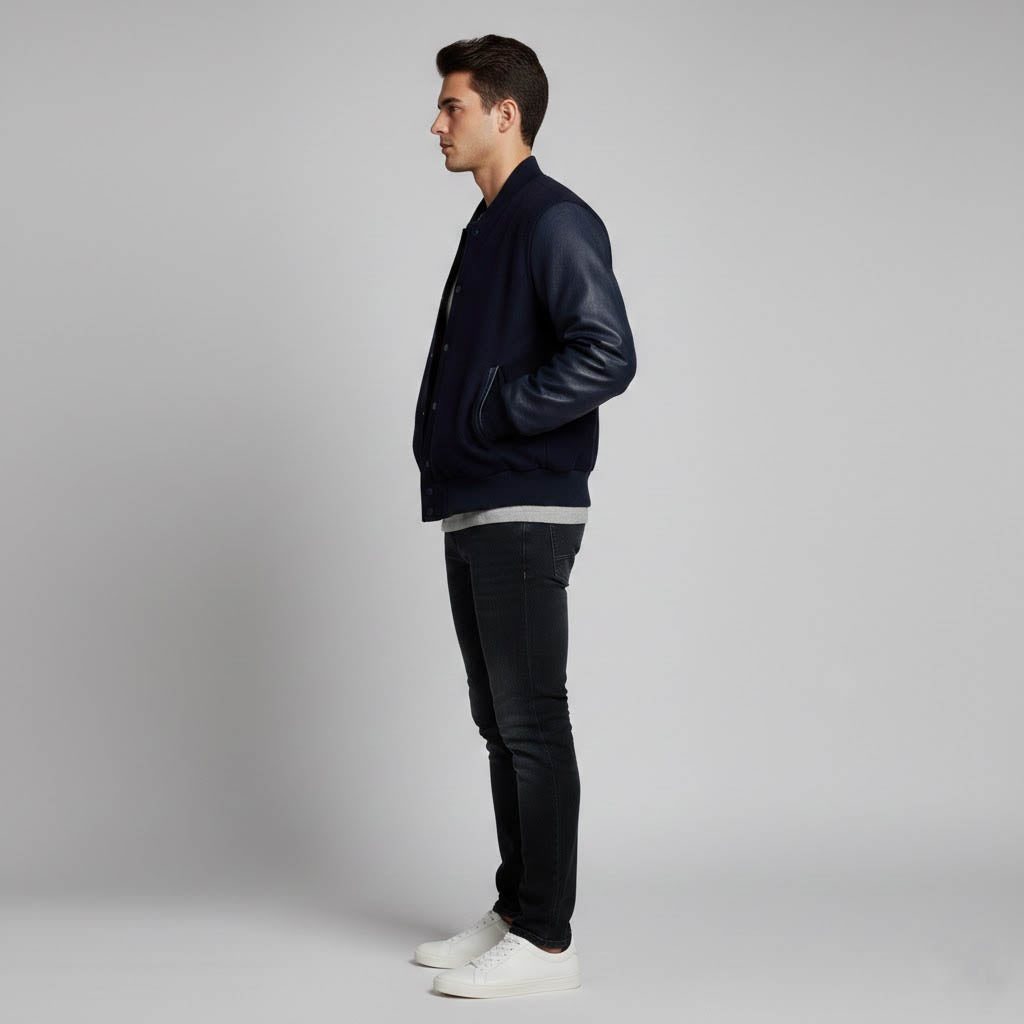 navy blue body dark blue leather sleeves varsity jacket men