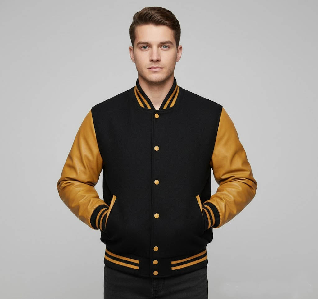 Men’s Orange & Black Leather Varsity Jacket