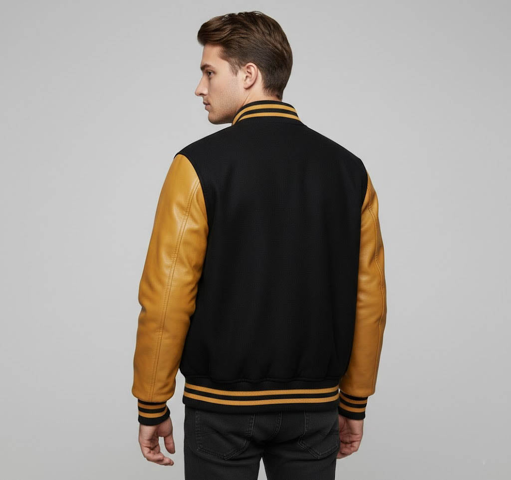 Men’s Orange & Black Leather Varsity Jacket
