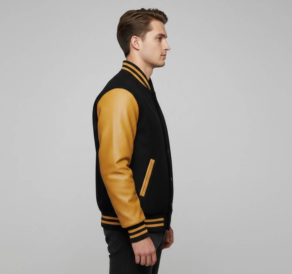 Men’s Orange & Black Leather Varsity Jacket
