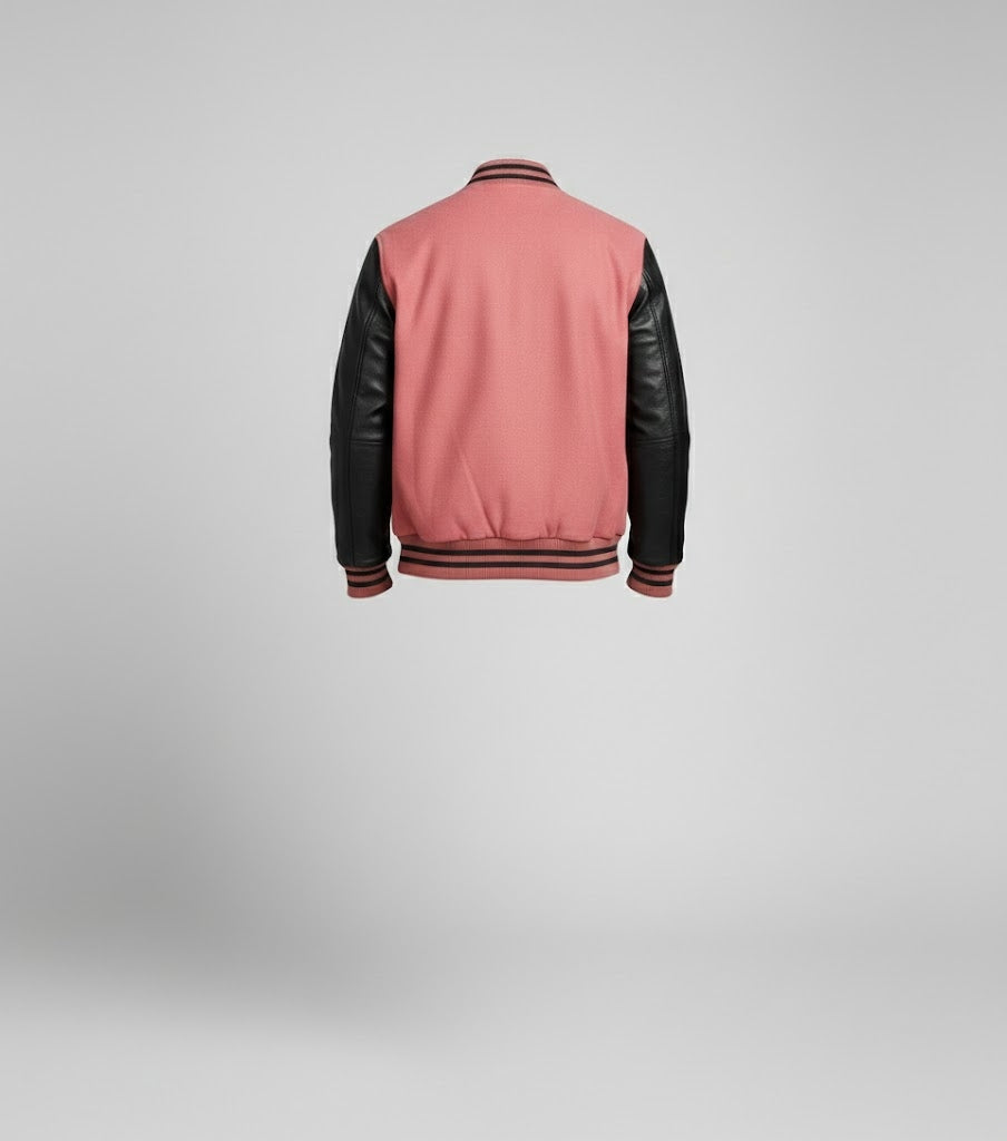 pink body black leather sleeves varsity jacket men