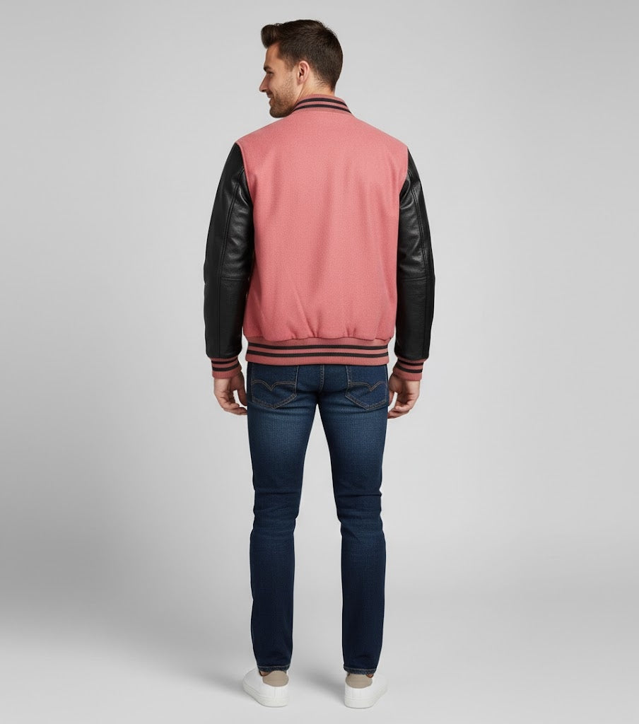 pink body black leather sleeves varsity jacket men
