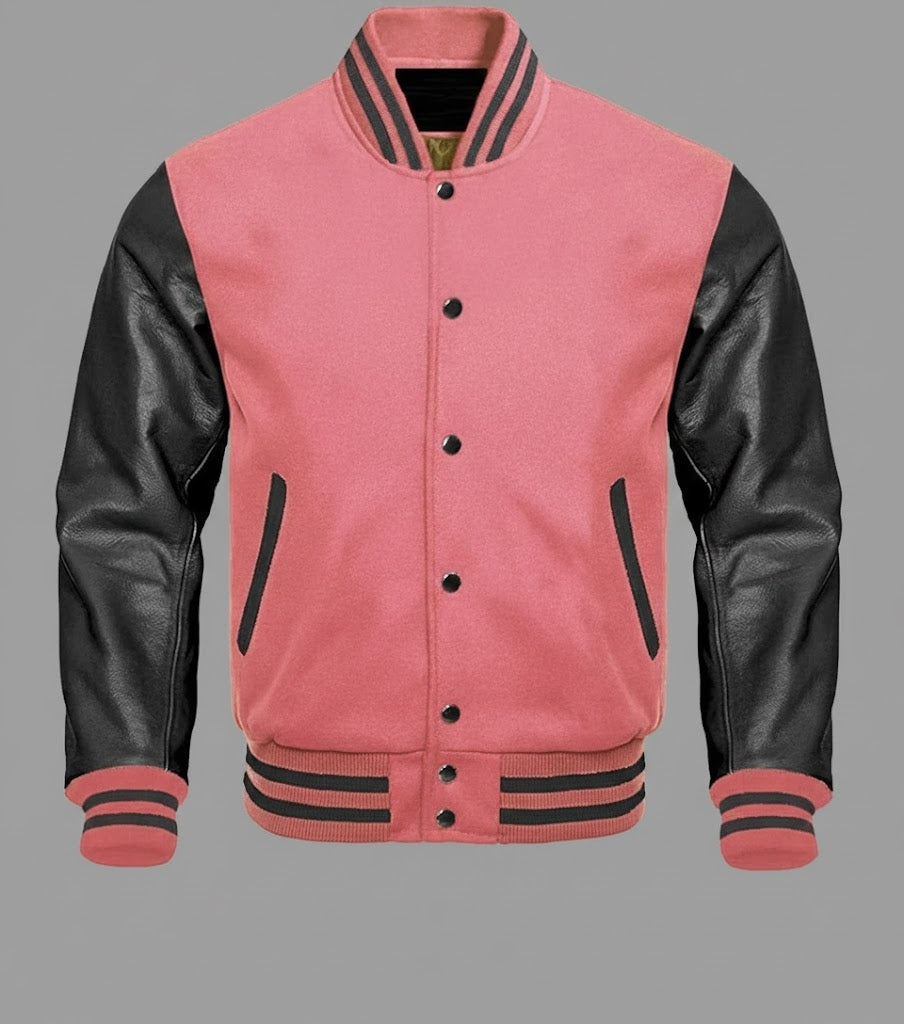 pink body black leather sleeves varsity jacket men