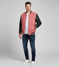 pink body black leather sleeves varsity jacket men