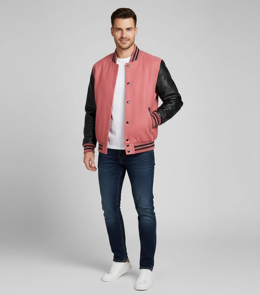 pink body black leather sleeves varsity jacket men