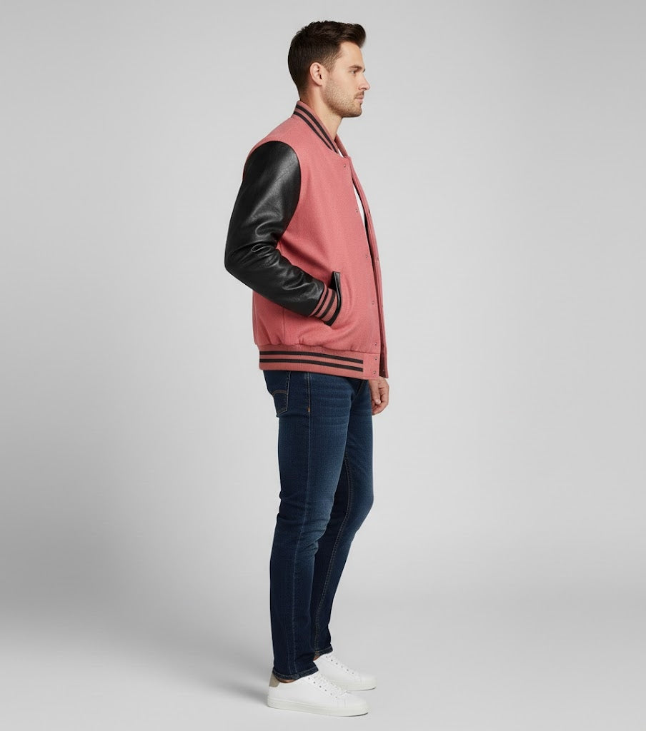 pink body black leather sleeves varsity jacket men