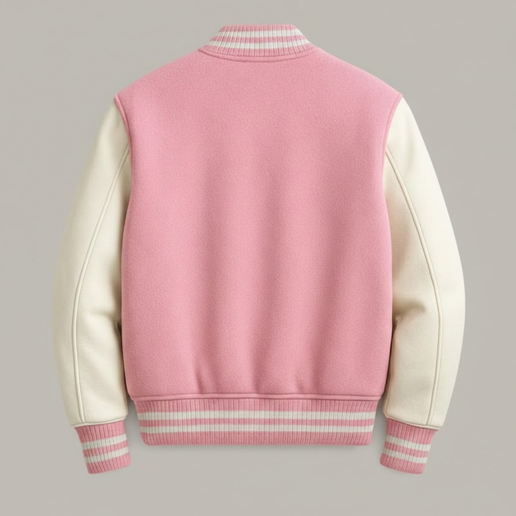 pink body with white leather sleeves womens  varsity jacket