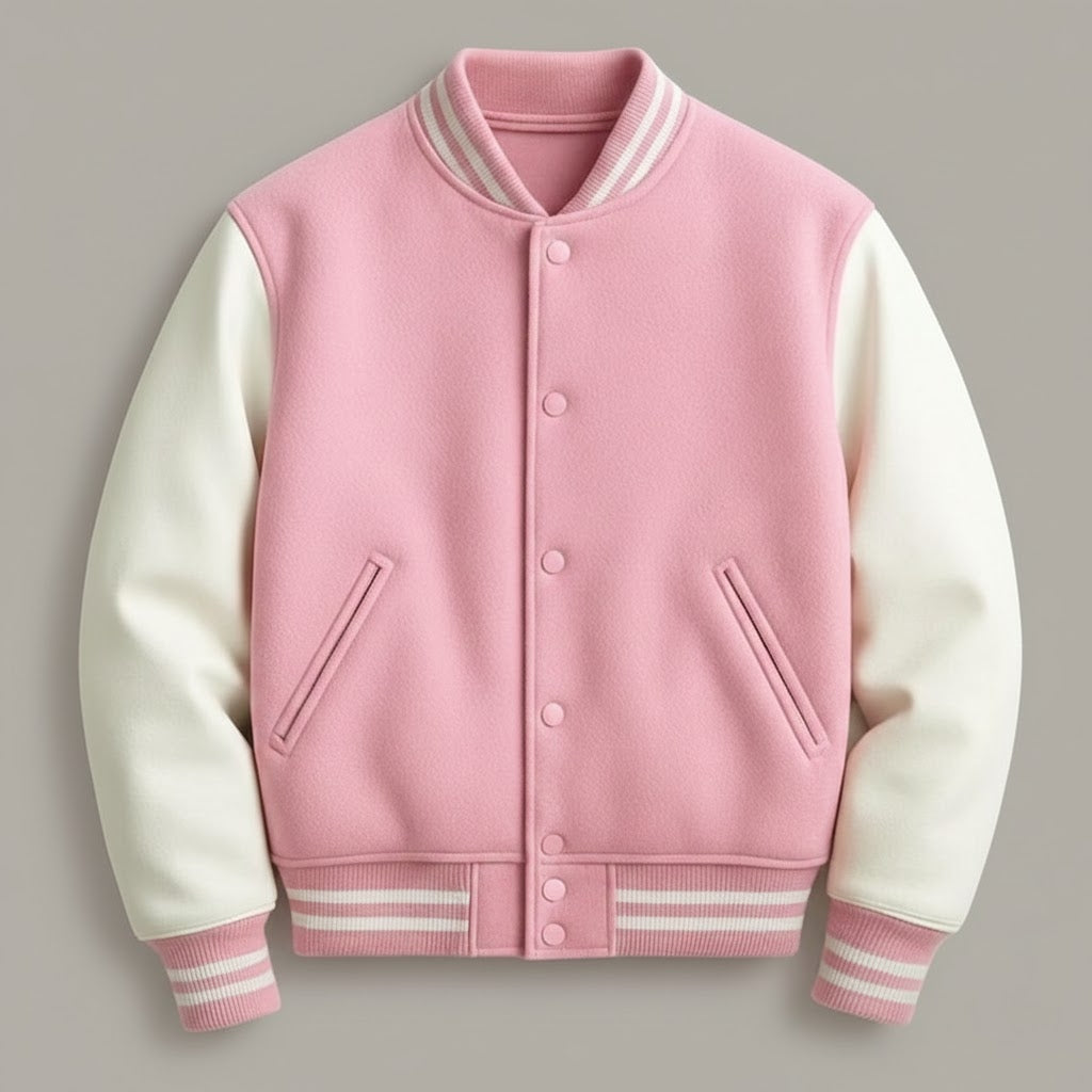 pink body with white leather sleeves womens  varsity jacket