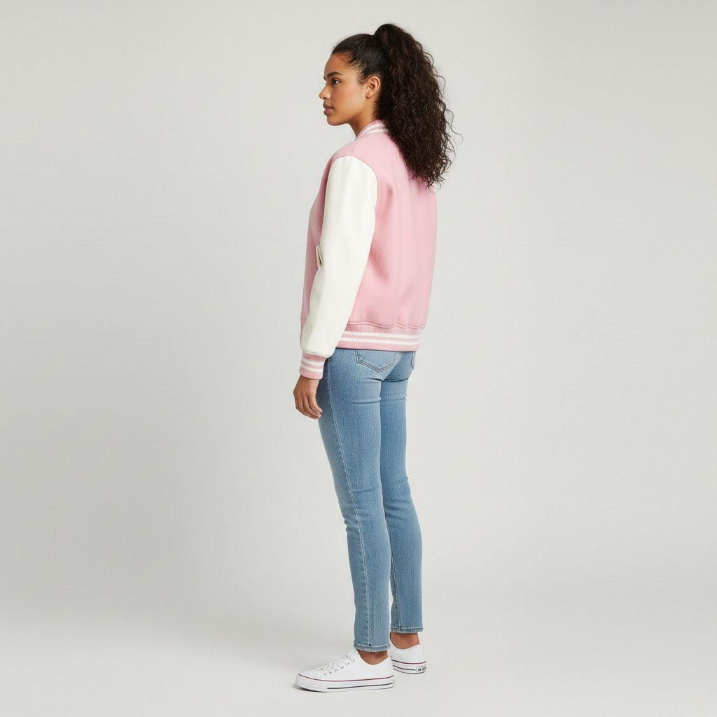 pink body with white leather sleeves womens  varsity jacket