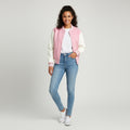 pink body with white leather sleeves womens  varsity jacket
