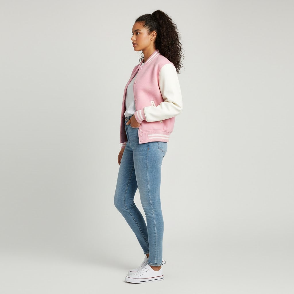 pink body with white leather sleeves womens  varsity jacket