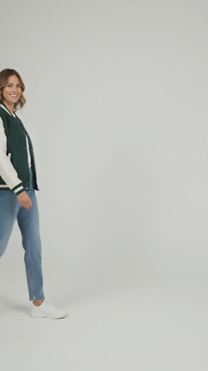 Bottle green body with white leather sleeves varsity womens jacket