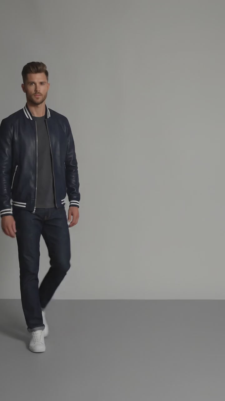 Men’s Slim Fit Blue Leather Varsity Jacket – Streetwear Letterman Style